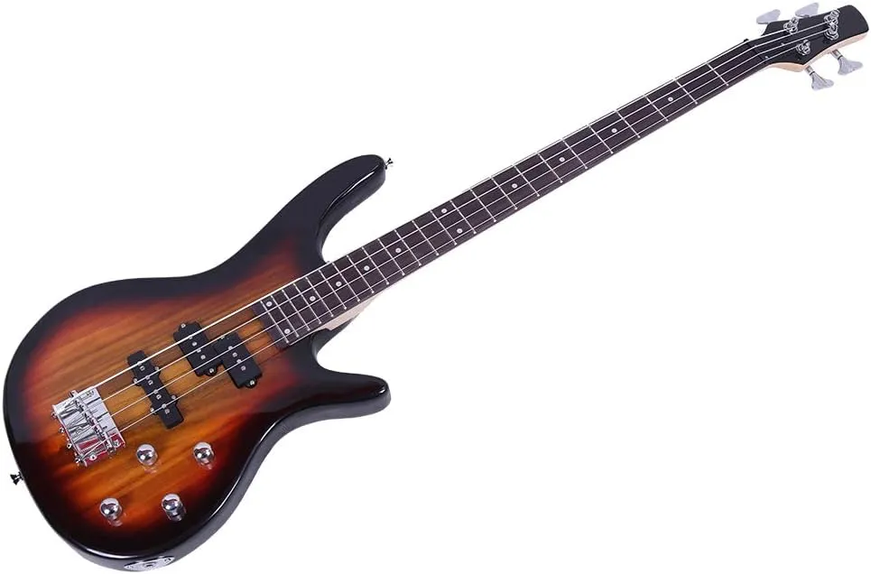 Electric Bass Guitar Full Size 4 String Exquisite Stylish Bass with Power Line and Wrench Tool (Sunset Color)