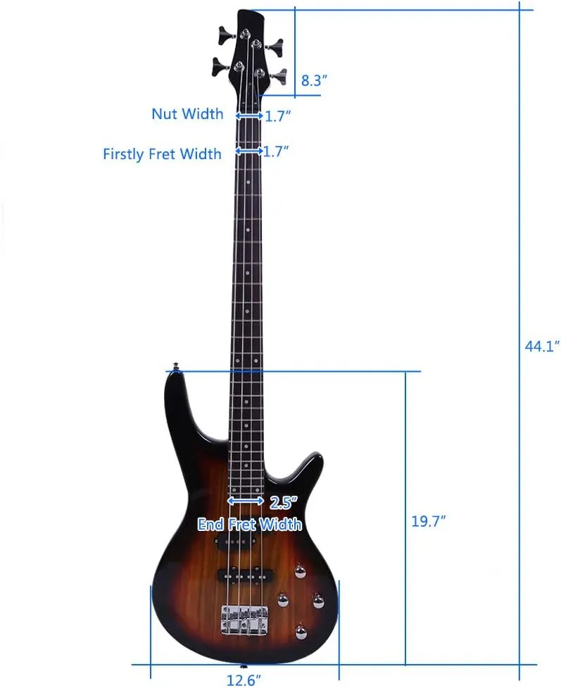 Electric Bass Guitar Full Size 4 String Exquisite Stylish Bass with Power Line and Wrench Tool (Sunset Color)