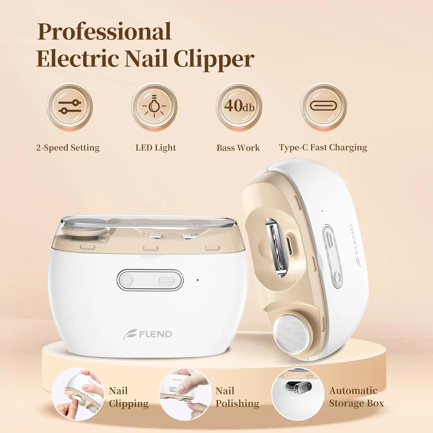 Electric Nail Clipper, 2-in-1 Nail Trimmer with Polisher, 2-Speed Safe Fingernail Trimmer for All Ages, Rechargeable Automatic Nail Clipper with Light, Manicure Set for Baby Kids Seniors & Weak Hands
