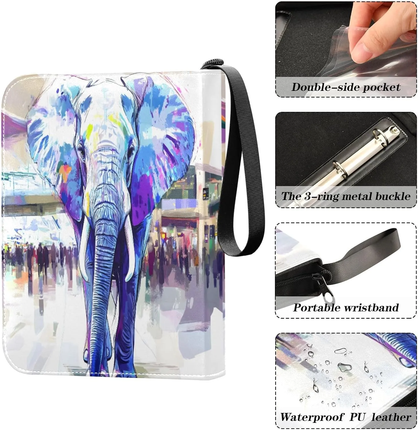 Elephant Watercolor Colorful Binder Card Holder 4 Pocket Card Folder with Sleeves 4 Pocket Binder