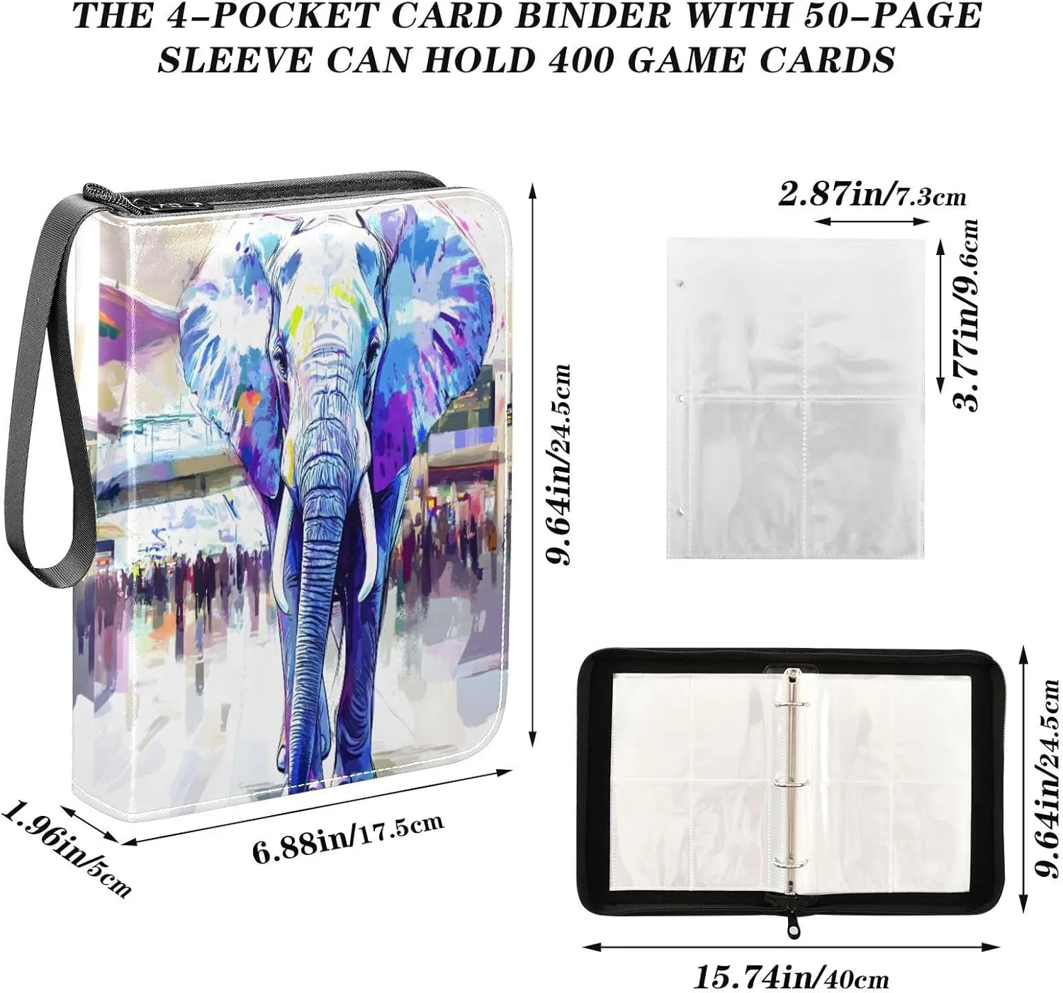 Elephant Watercolor Colorful Binder Card Holder 4 Pocket Card Folder with Sleeves 4 Pocket Binder
