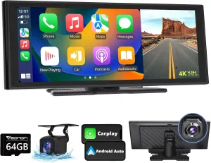 Eonon 10.26 Inch Wireless Apple CarPlay Screen Portable Car Stereo Receiver, Android Auto Touch Screen Car Radio with Bluetooth, FM/AM, Mirror Link, GPS Navigation, 4K Front Cam, 1080P Rear Cam - P4