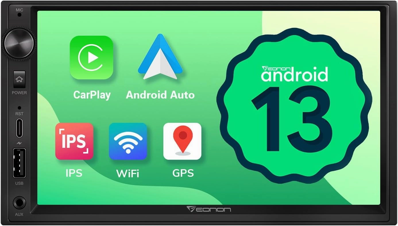 Eonon Android 13 Double Din Car Stereo 7 Inch Apple CarPlay Radio Android Auto Touch Screen, Bluetooth, Fast Charge, AM/FM, SWC, 1080P Backup Camera Input - UA13