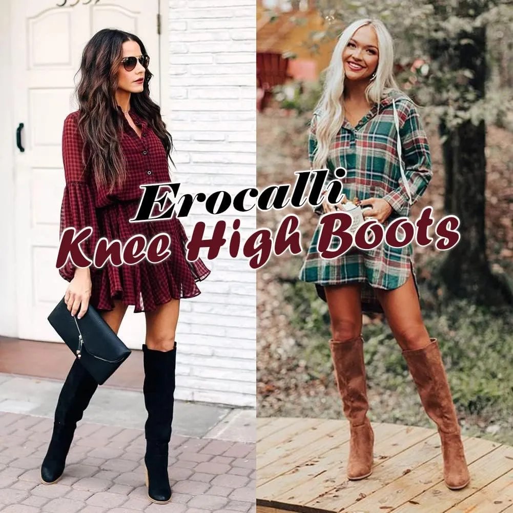 Erocalli Women's Fashion Knee High Boot Women Chunky Block High Heel Pull on Classic Chelsea Long Boots