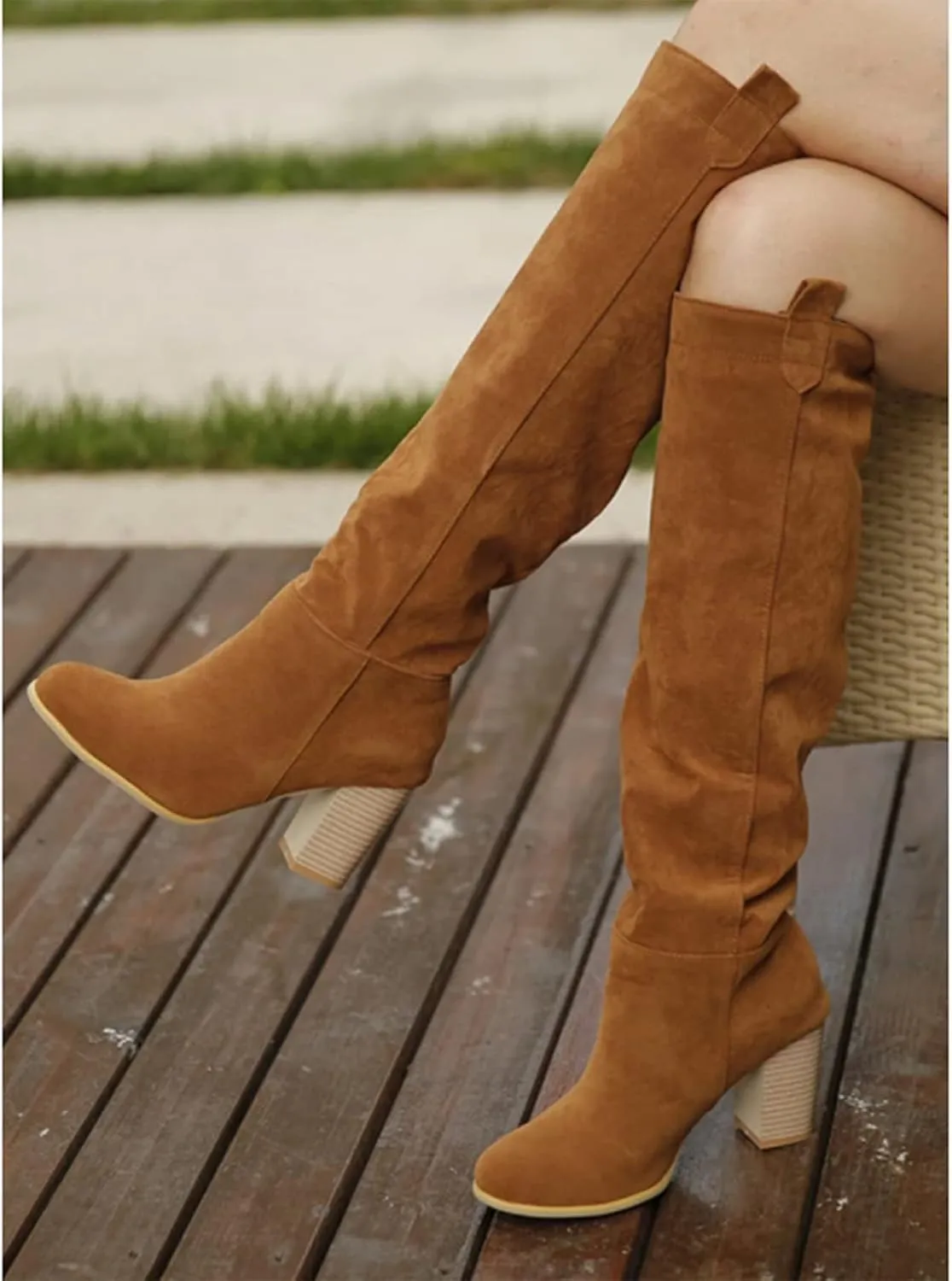 Erocalli Women's Fashion Knee High Boot Women Chunky Block High Heel Pull on Classic Chelsea Long Boots