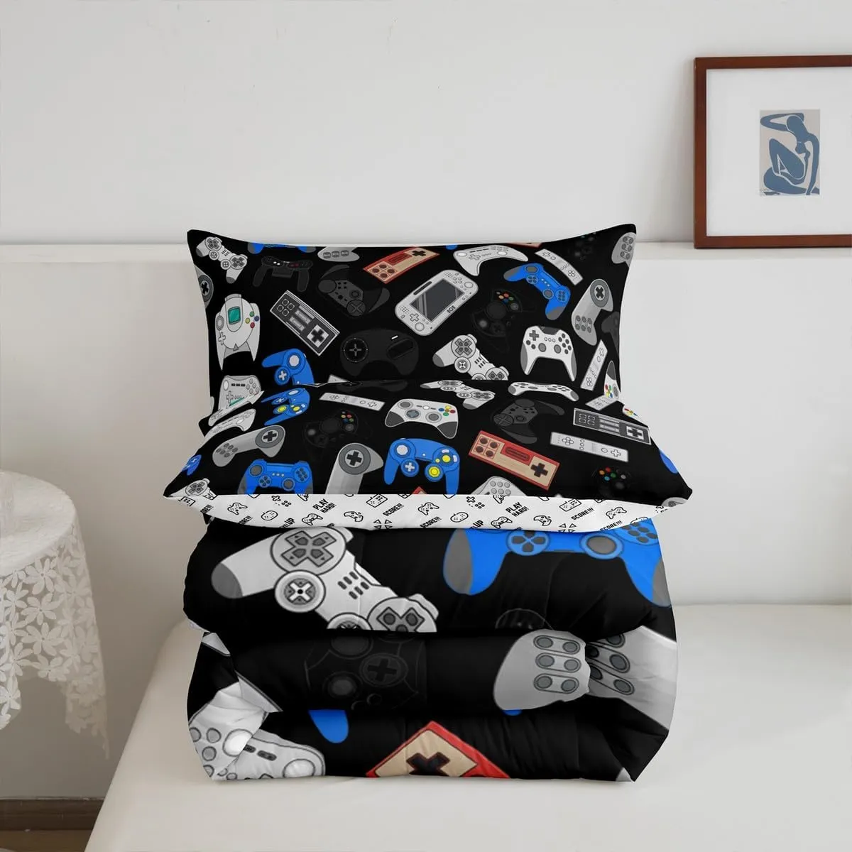 Erosebridal Teens Gamepad Bedding Set, Modern Gamer Down Comforter Full Size for Kids Boys Children Youth, Video Game Comforter Set Player Gaming Joystick Duvet Insert for Bedroom, Black Blue