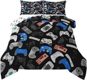Erosebridal Teens Gamepad Bedding Set, Modern Gamer Down Comforter Full Size for Kids Boys Children Youth, Video Game Comforter Set Player Gaming Joystick Duvet Insert for Bedroom, Black Blue