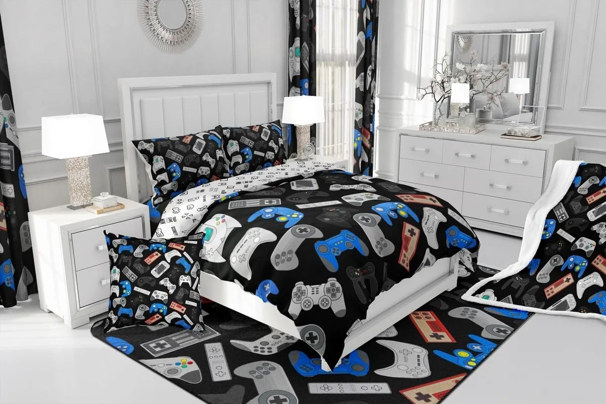 Erosebridal Teens Gamepad Bedding Set, Modern Gamer Down Comforter Full Size for Kids Boys Children Youth, Video Game Comforter Set Player Gaming Joystick Duvet Insert for Bedroom, Black Blue
