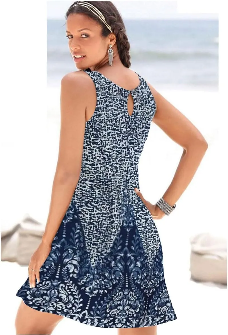 ETCYY NEW Summer Dresses for Women Trendy Boho Floral Print Sundresses Sleeveless Beach Cover Up Dress with Pockets