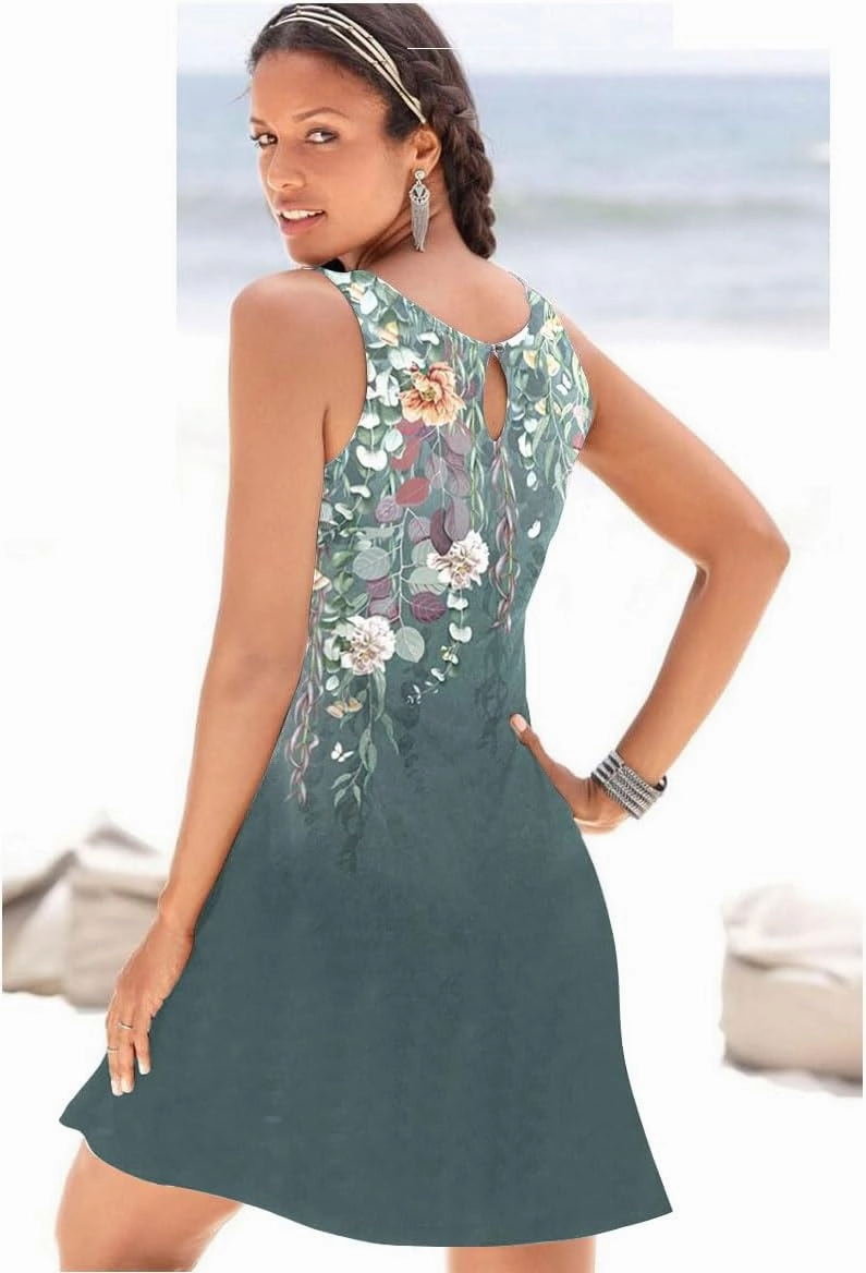 ETCYY NEW Summer Dresses for Women Trendy Boho Floral Print Sundresses Sleeveless Beach Cover Up Dress with Pockets