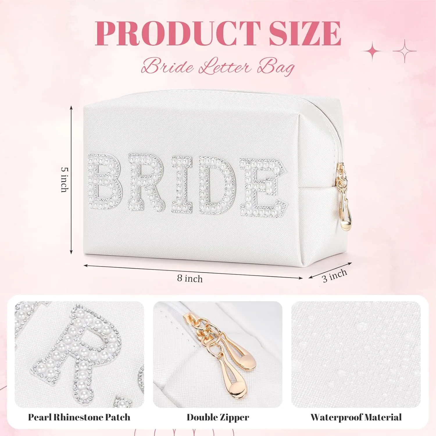 Etercycle Wedding Gifts Set, Bride Makeup Bag With Bride Slippers, Waterproof PU Travel Toiletry Bag With Pearl Rhinestone Fuzzy Women Wedding Slippers Bride Gifts for Bridal Party Bride To Be Set
