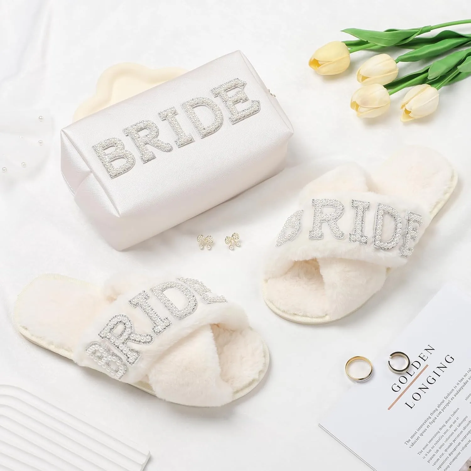 Etercycle Wedding Gifts Set, Bride Makeup Bag With Bride Slippers, Waterproof PU Travel Toiletry Bag With Pearl Rhinestone Fuzzy Women Wedding Slippers Bride Gifts for Bridal Party Bride To Be Set