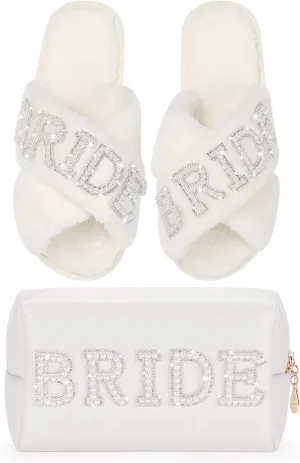 Etercycle Wedding Gifts Set, Bride Makeup Bag With Bride Slippers, Waterproof PU Travel Toiletry Bag With Pearl Rhinestone Fuzzy Women Wedding Slippers Bride Gifts for Bridal Party Bride To Be Set