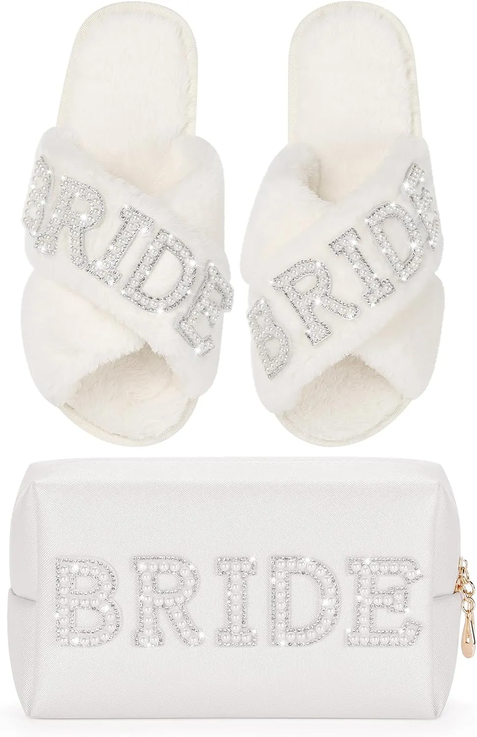 Etercycle Wedding Gifts Set, Bride Makeup Bag With Bride Slippers, Waterproof PU Travel Toiletry Bag With Pearl Rhinestone Fuzzy Women Wedding Slippers Bride Gifts for Bridal Party Bride To Be Set