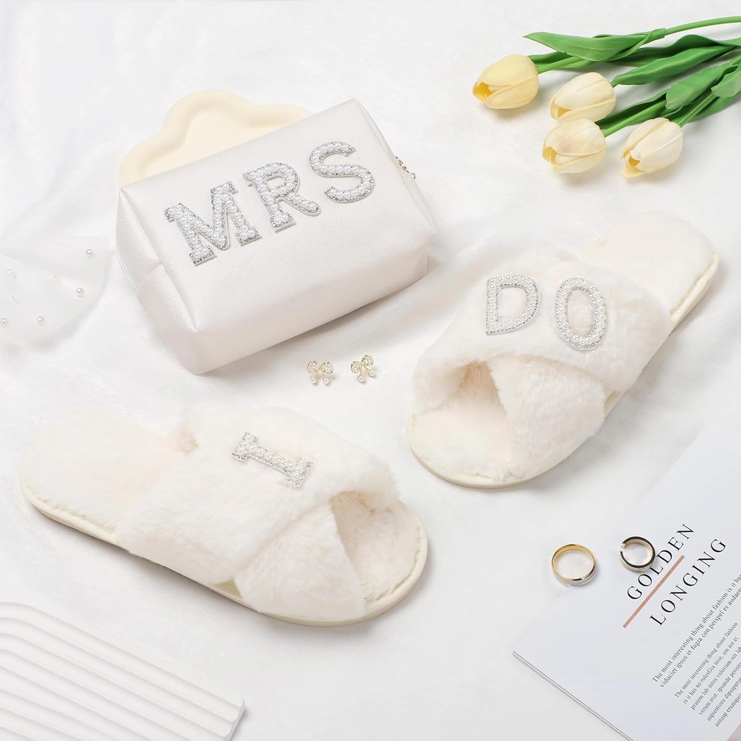 Etercycle Bridal Shower Gifts Set, MRS Cosmetic Bag With I Do Women Slippers, Small Waterproof Makeup Bag With Fuzzy Bride Slippers Wedding Bridesmaid Gifts for Her for Bachelorette Party Accessories