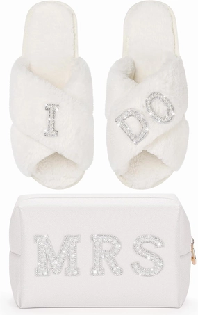 Etercycle Bridal Shower Gifts Set, MRS Cosmetic Bag With I Do Women Slippers, Small Waterproof Makeup Bag With Fuzzy Bride Slippers Wedding Bridesmaid Gifts for Her for Bachelorette Party Accessories