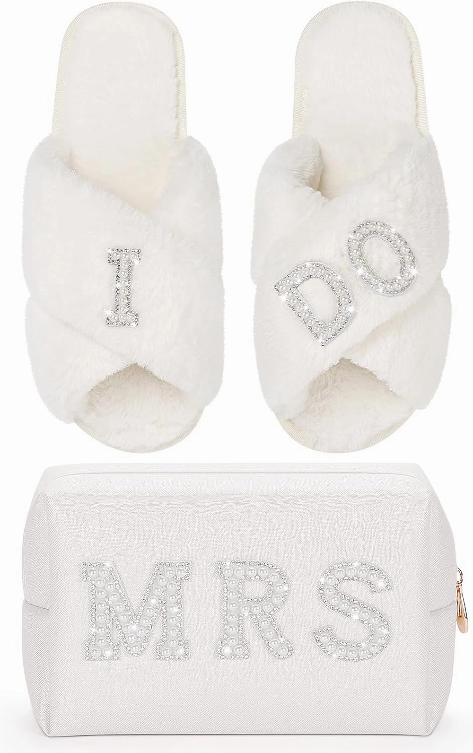 Etercycle Bridal Shower Gifts Set, MRS Cosmetic Bag With I Do Women Slippers, Small Waterproof Makeup Bag With Fuzzy Bride Slippers Wedding Bridesmaid Gifts for Her for Bachelorette Party Accessories