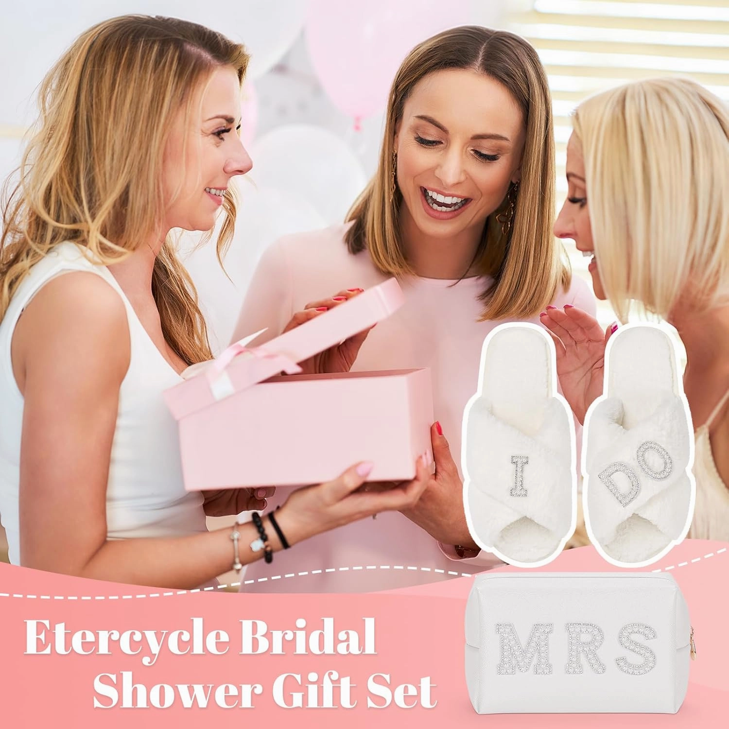 Etercycle Bridal Shower Gifts Set, MRS Cosmetic Bag With I Do Women Slippers, Small Waterproof Makeup Bag With Fuzzy Bride Slippers Wedding Bridesmaid Gifts for Her for Bachelorette Party Accessories