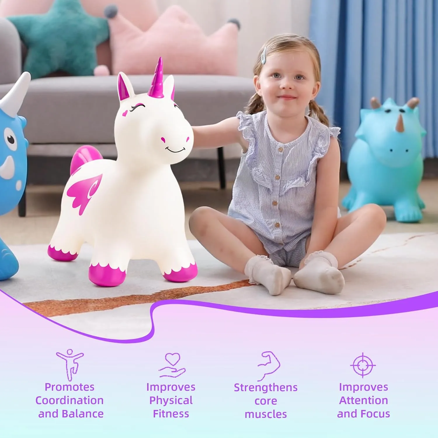 EVERICH TOY Bouncy Horse Unicorn Toys for Kids, Inflatable Bouncing Animal Hopping Toys, Outdoor Indoor Ride On Bouncer, Boys Girls Birthday Gift for 18 Months 2 3 4 5 6 Years Old Toddler