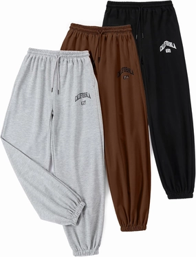 EXARUS 3 Pack Girls Sweatpants Letter Graphic Print with Pockets Sweat Pants High Waisted Cute Joggers 6-14Y