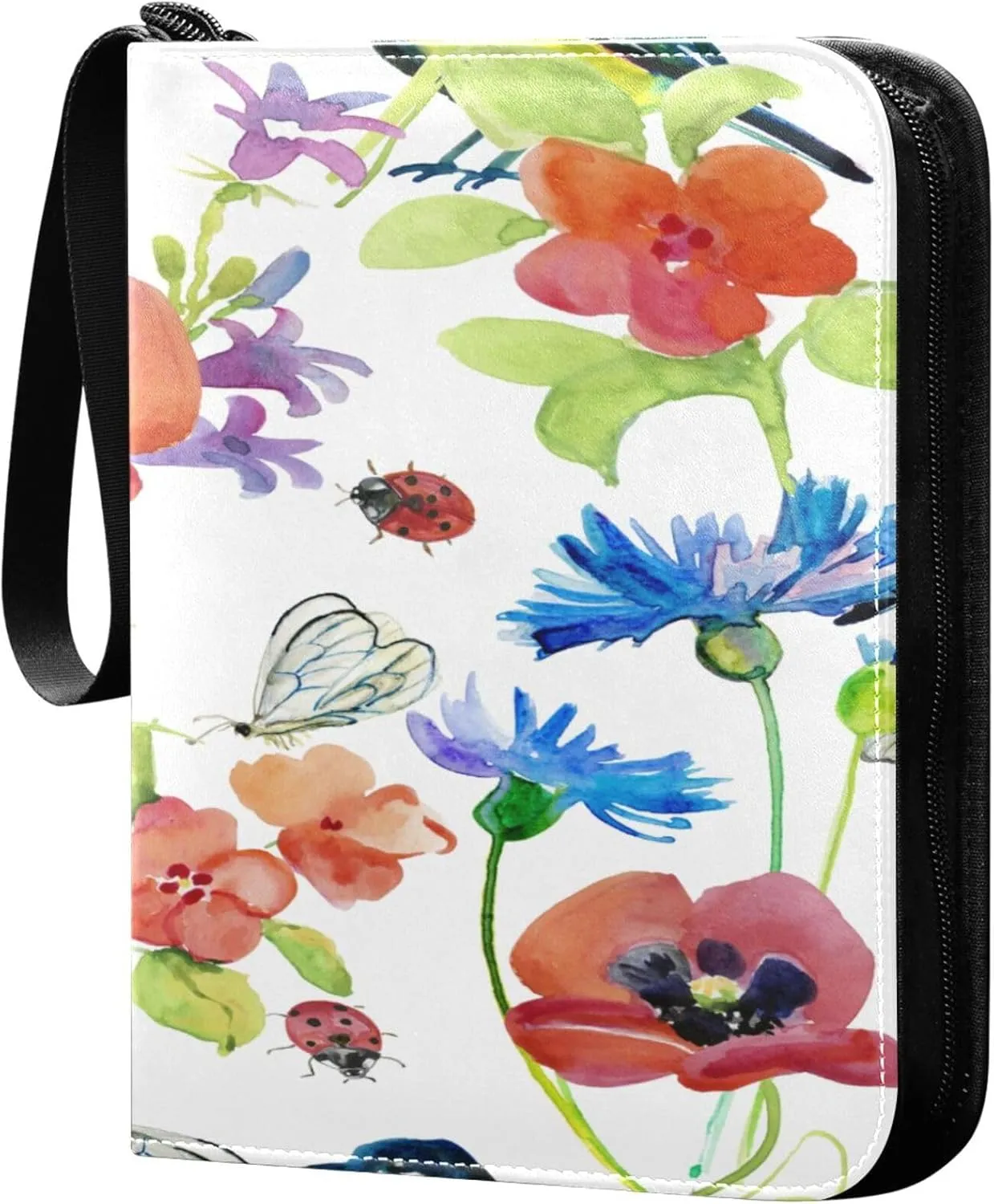 Exnundod 4 Pocket Trading Card Binder Spring Poppy Birds, PU Leather Card Collection Binder Colorful Flowers 400 Cards Organizer Binder Collectible Trading Card Albums for Sports Game Card