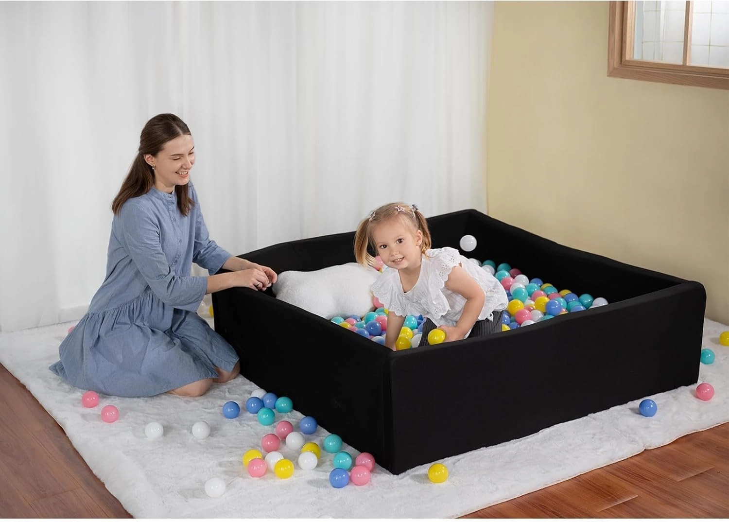 Extra Large Square Foam Ball Pit for Toddler, 47"x47"x14" Soft Ball Pit Poool with Removable Cover, Indoor Memory Sponge Ball Playpen Without Balls - Black