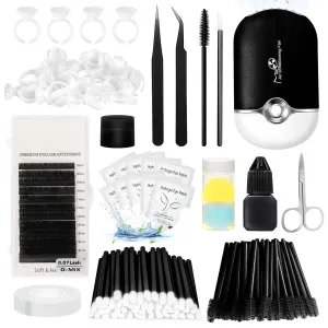Eyelash Extension Kit for Beginners, Lash Extensions Supplies with Eyelash Fan, D Curl False Lashes, Mascara Brushes, Eye Pads, Eyelash Remover&Glue, for Training Makeup Practice