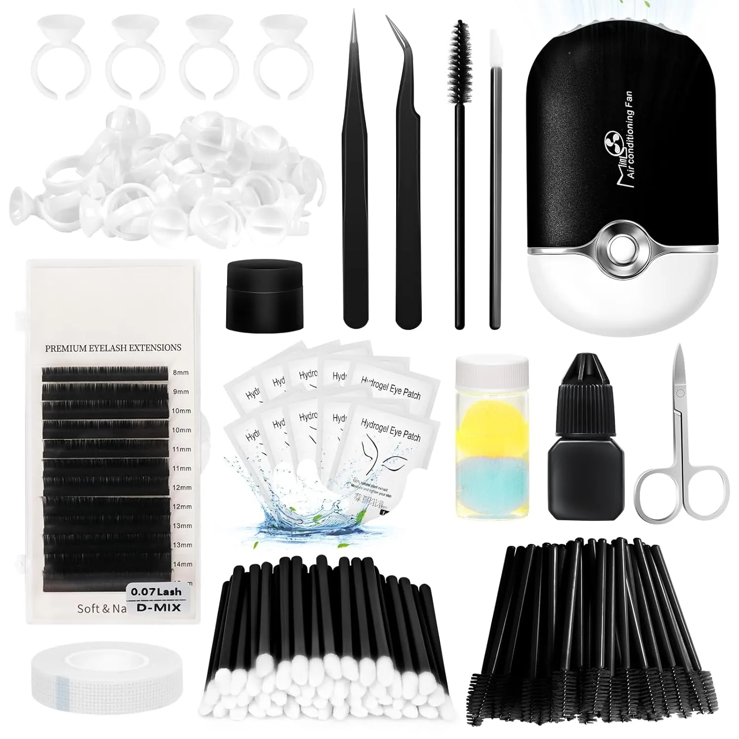 Eyelash Extension Kit for Beginners, Lash Extensions Supplies with Eyelash Fan, D Curl False Lashes, Mascara Brushes, Eye Pads, Eyelash Remover&Glue, for Training Makeup Practice