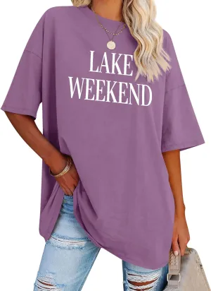 Ezcosplay Women Cute Lake Weekend Sweatshirt Letter Print Shirts Casual Loose Pullover Tops