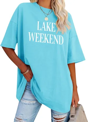 Ezcosplay Women Cute Lake Weekend Sweatshirt Letter Print Shirts Casual Loose Pullover Tops