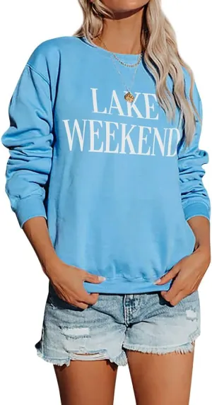 Ezcosplay Women Cute Lake Weekend Sweatshirt Letter Print Shirts Casual Loose Pullover Tops