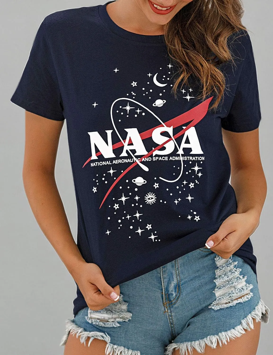 Ezcosplay Women Short Sleeve NASA Letter Print T-Shirts Casual Graphic Tee Tops