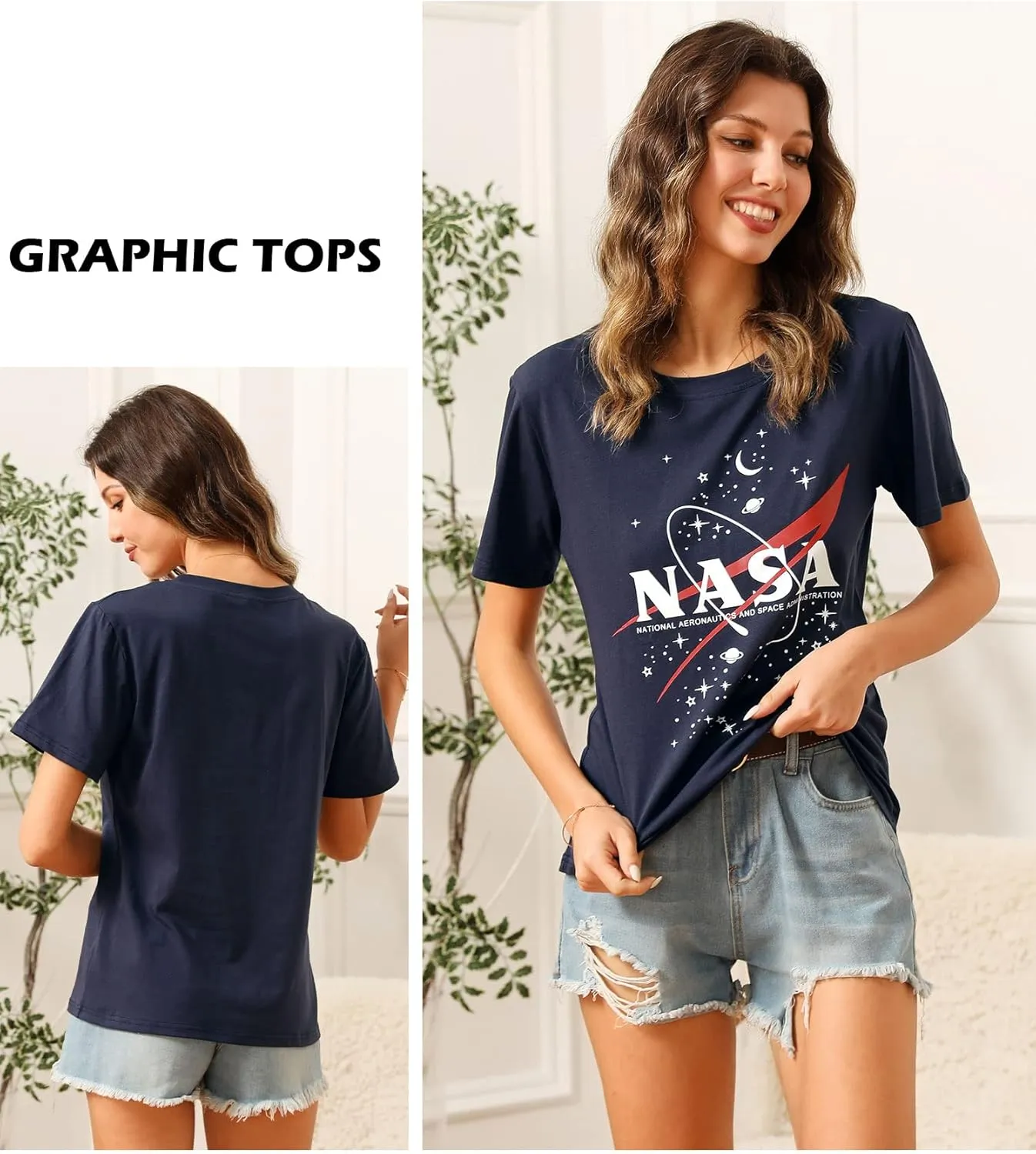 Ezcosplay Women Short Sleeve NASA Letter Print T-Shirts Casual Graphic Tee Tops