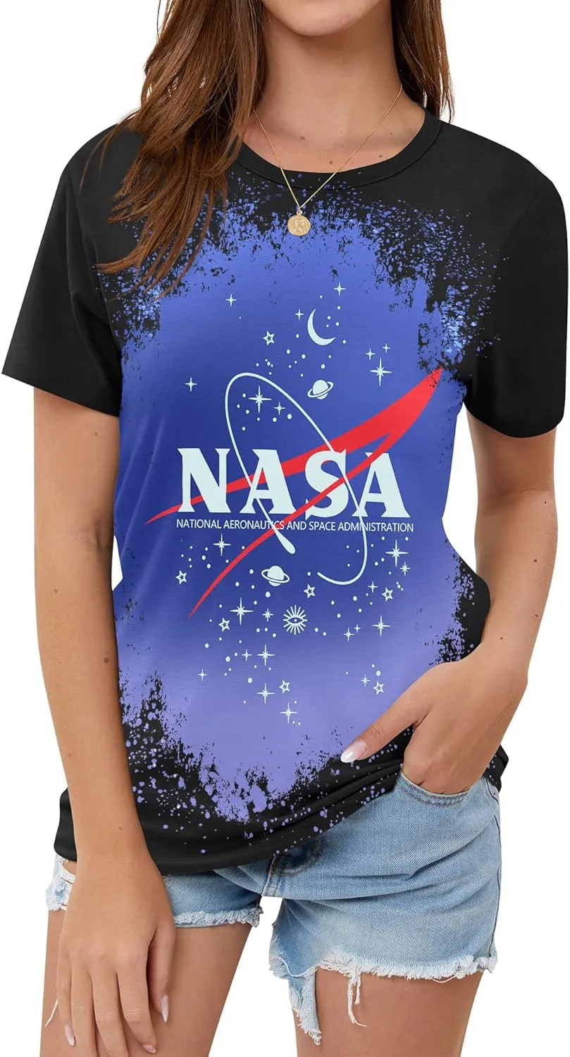 Ezcosplay Women Short Sleeve NASA Letter Print T-Shirts Casual Graphic Tee Tops
