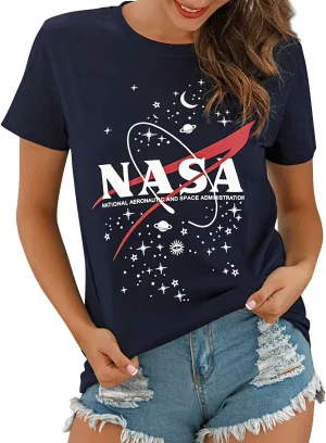 Ezcosplay Women Short Sleeve NASA Letter Print T-Shirts Casual Graphic Tee Tops