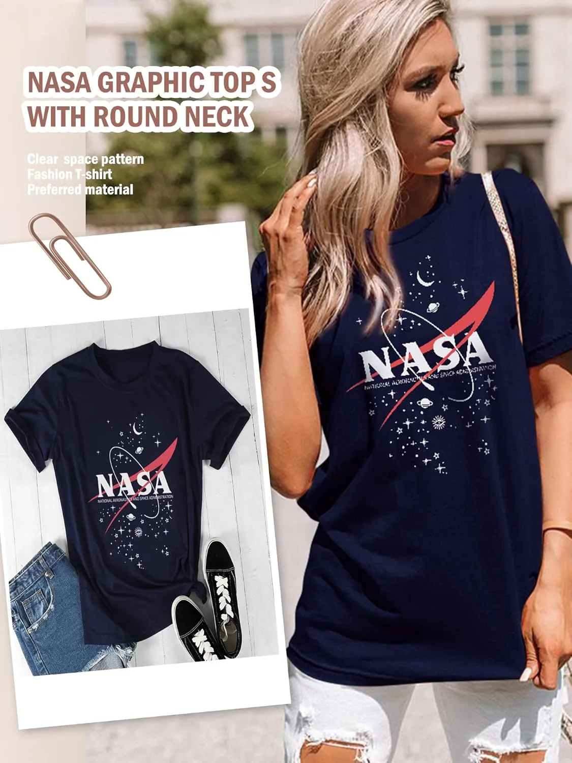 Ezcosplay Women Short Sleeve NASA Letter Print T-Shirts Casual Graphic Tee Tops