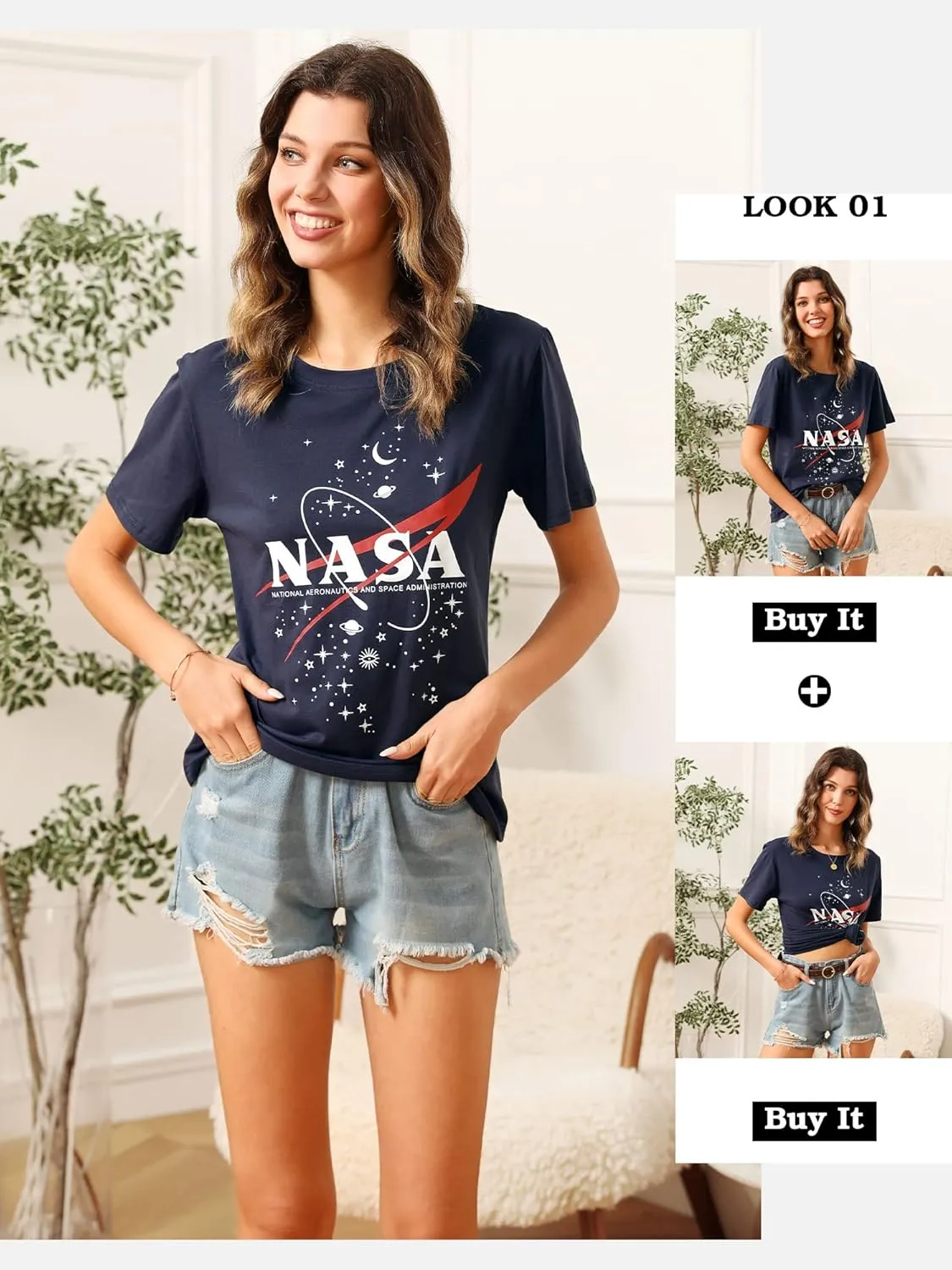Ezcosplay Women Short Sleeve NASA Letter Print T-Shirts Casual Graphic Tee Tops
