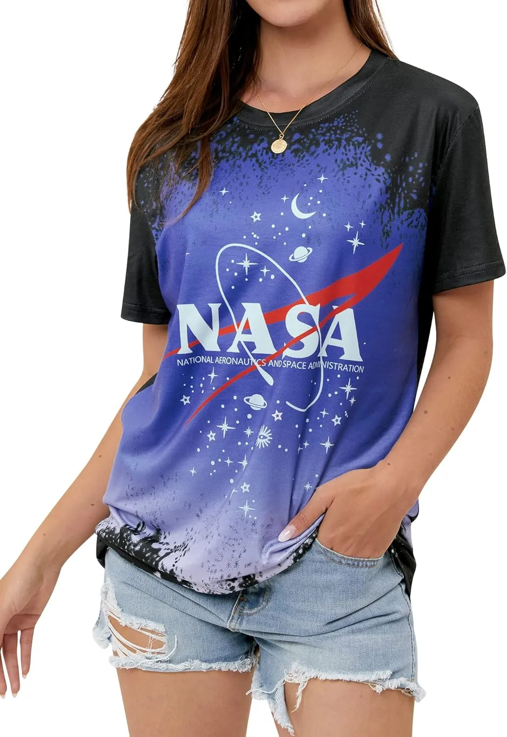 Ezcosplay Women Short Sleeve NASA Letter Print T-Shirts Casual Graphic Tee Tops