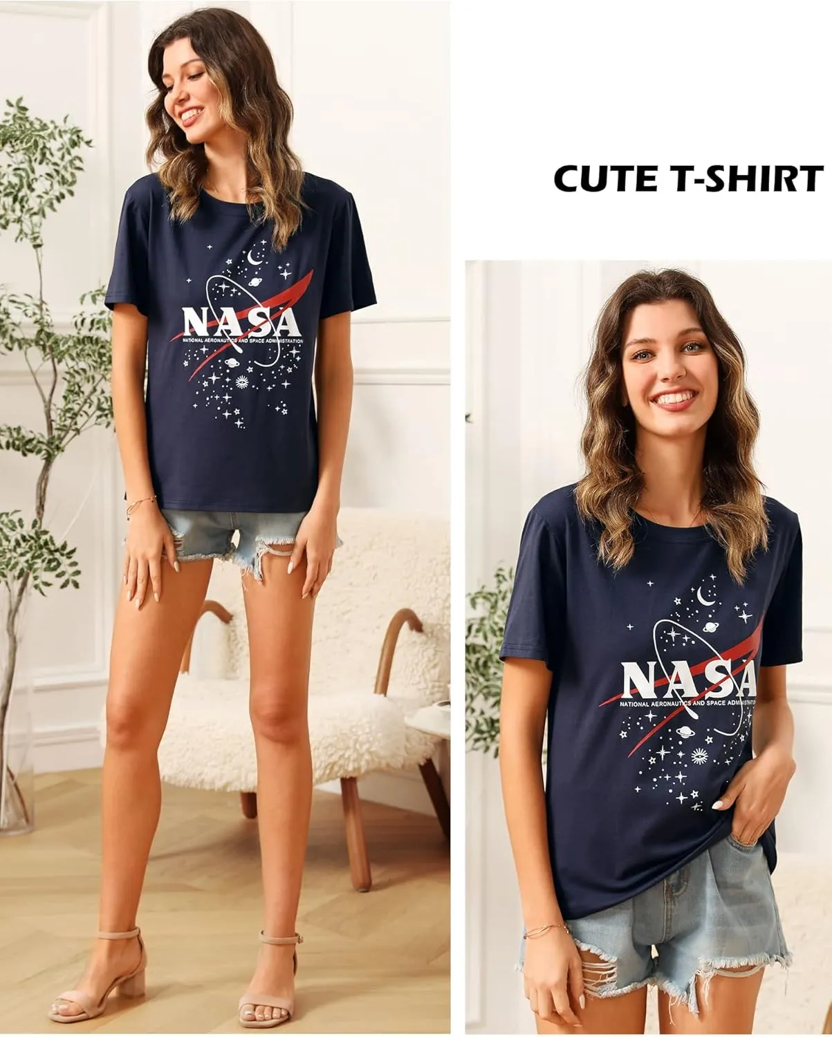 Ezcosplay Women Short Sleeve NASA Letter Print T-Shirts Casual Graphic Tee Tops