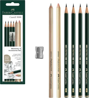 Faber-Castell Sketching and Accessories Set - Castell 9000 Graphite Pencils and Eraser Pencils - Art Pencils for Drawing and Shading