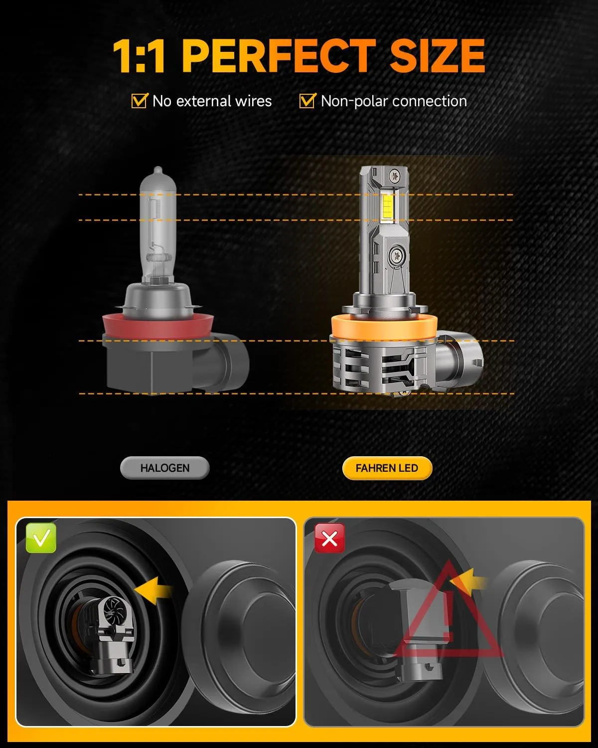 FAHREN Upgraded H11/H9/H8 Bulb, 30000LM 800% Ultra-Bright Real 1:1 Mini Size H11, 6500K Cool White H11 Fog light, Quick Install No Adapter Needed, Pack of 2