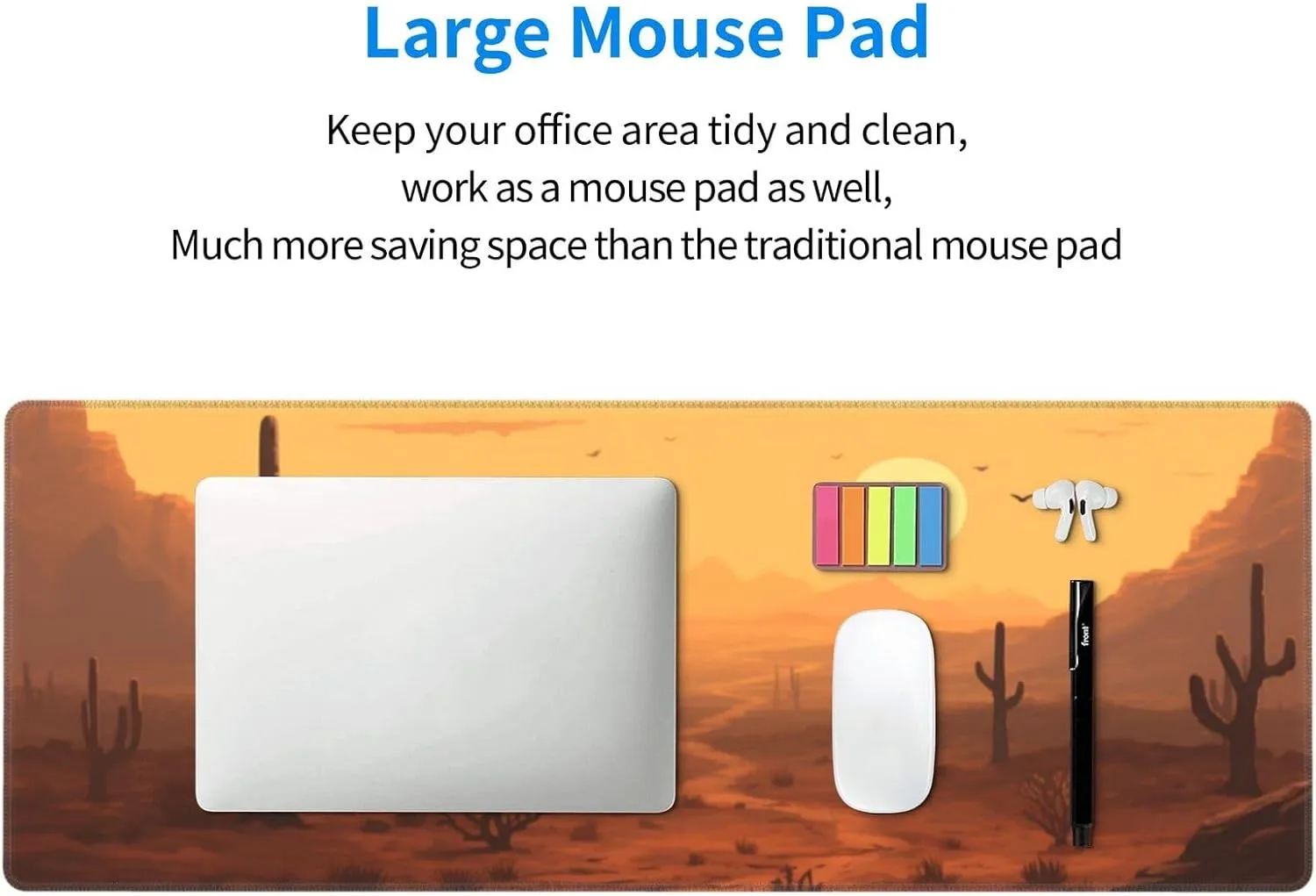 Famame Laptop Mouse Pad Desert Sunset Cactus Desk Mat with Stitched Edges 31.5X 11.8 inch Non-Slip Large Keyboard Rubber Writing Table Mat for Office Home
