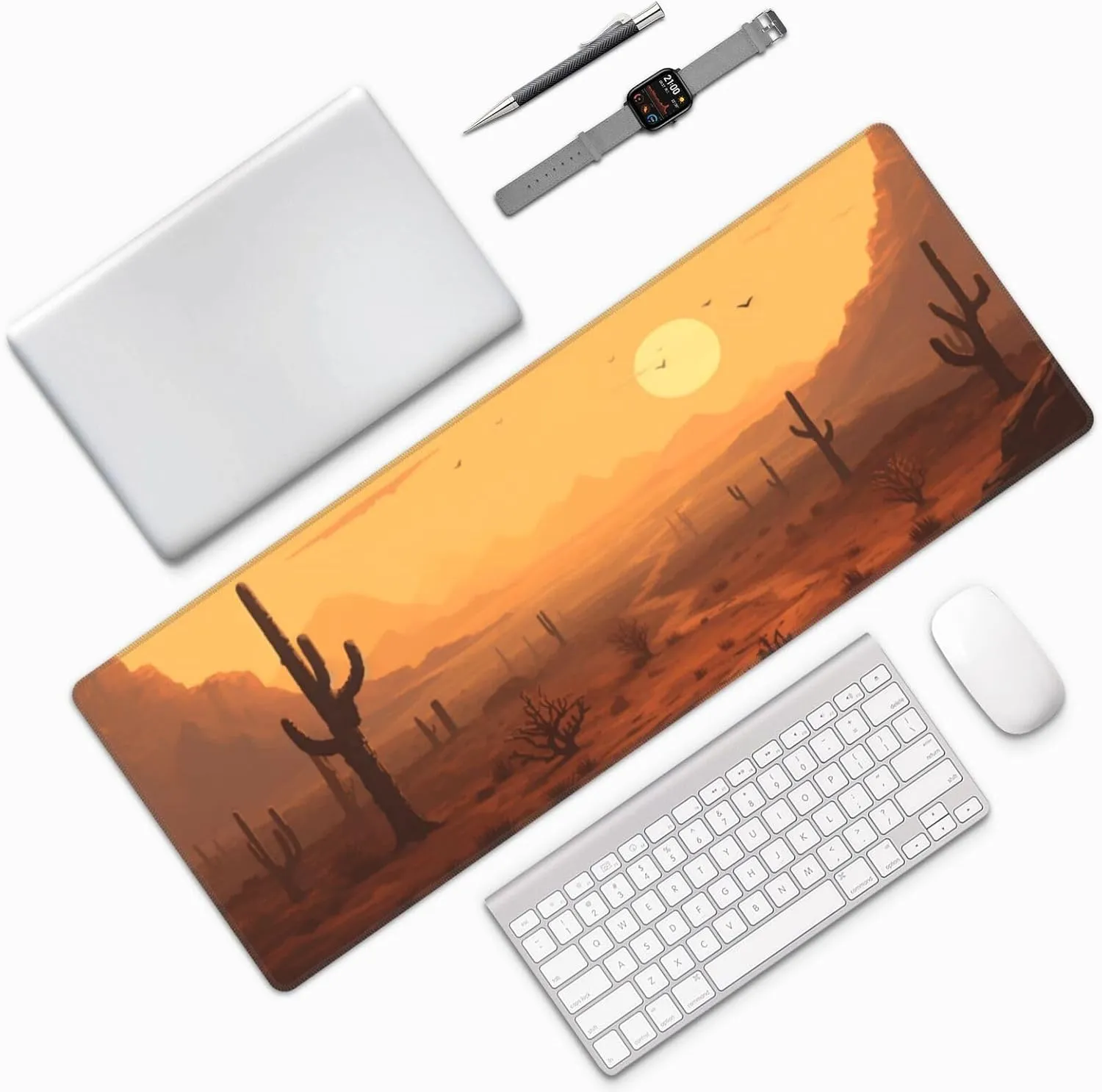Famame Laptop Mouse Pad Desert Sunset Cactus Desk Mat with Stitched Edges 31.5X 11.8 inch Non-Slip Large Keyboard Rubber Writing Table Mat for Office Home