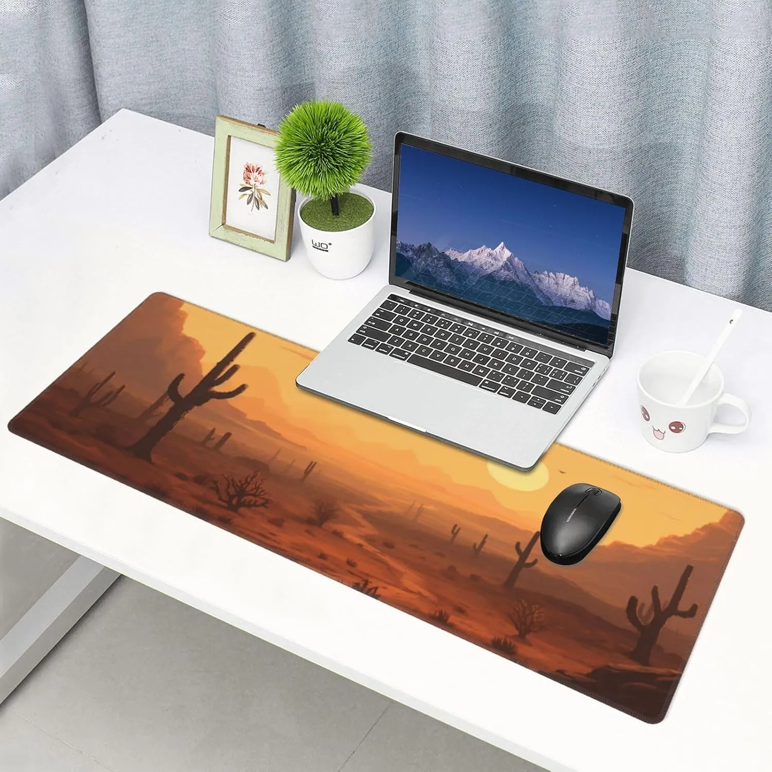 Famame Laptop Mouse Pad Desert Sunset Cactus Desk Mat with Stitched Edges 31.5X 11.8 inch Non-Slip Large Keyboard Rubber Writing Table Mat for Office Home