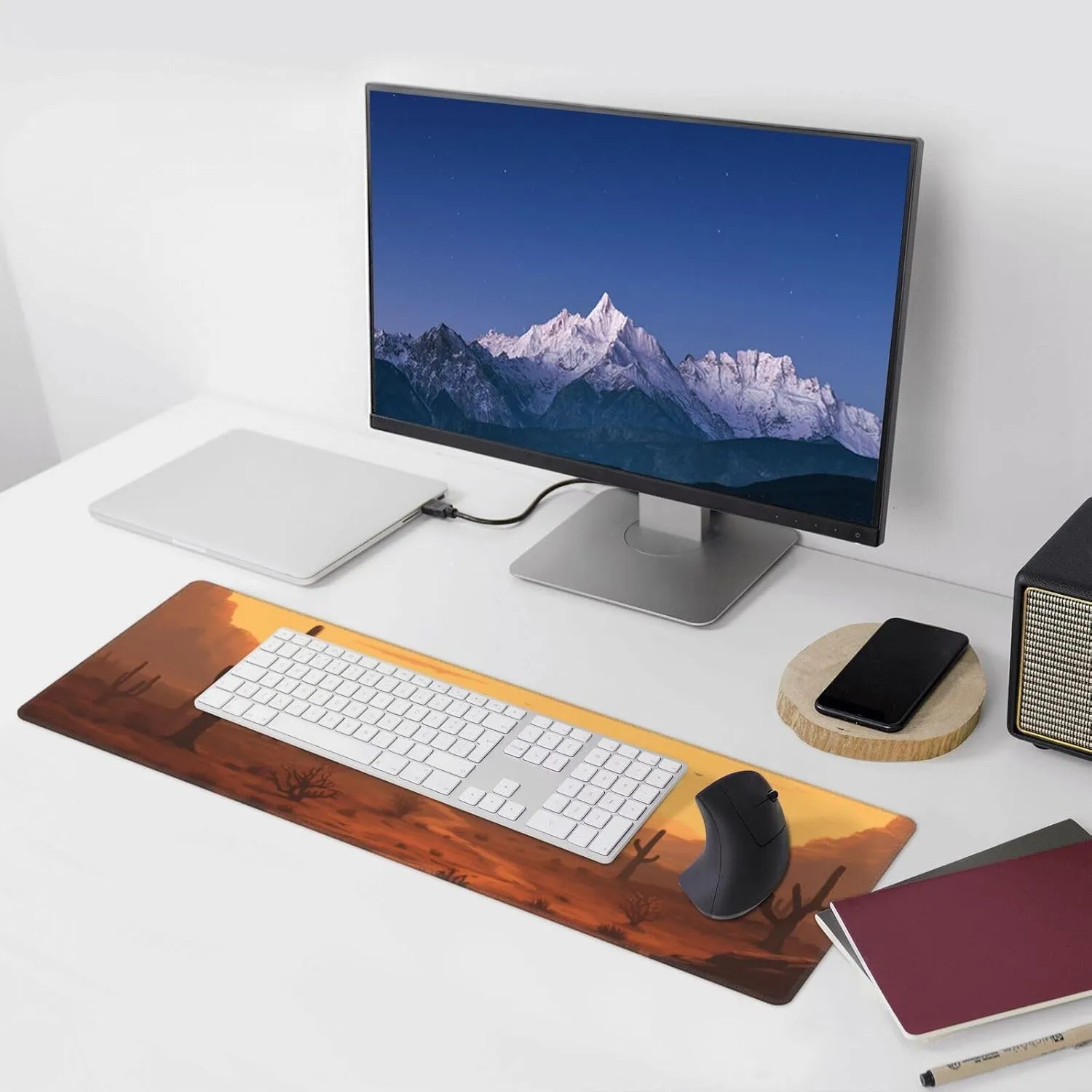 Famame Laptop Mouse Pad Desert Sunset Cactus Desk Mat with Stitched Edges 31.5X 11.8 inch Non-Slip Large Keyboard Rubber Writing Table Mat for Office Home