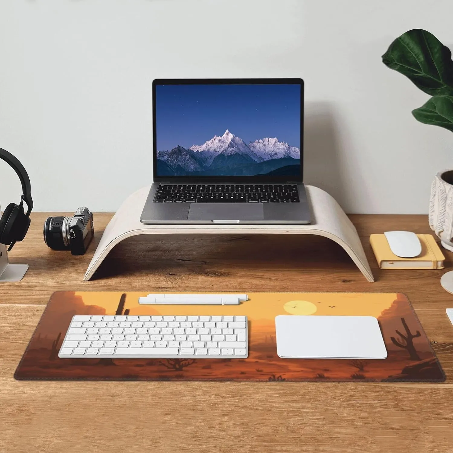 Famame Laptop Mouse Pad Desert Sunset Cactus Desk Mat with Stitched Edges 31.5X 11.8 inch Non-Slip Large Keyboard Rubber Writing Table Mat for Office Home