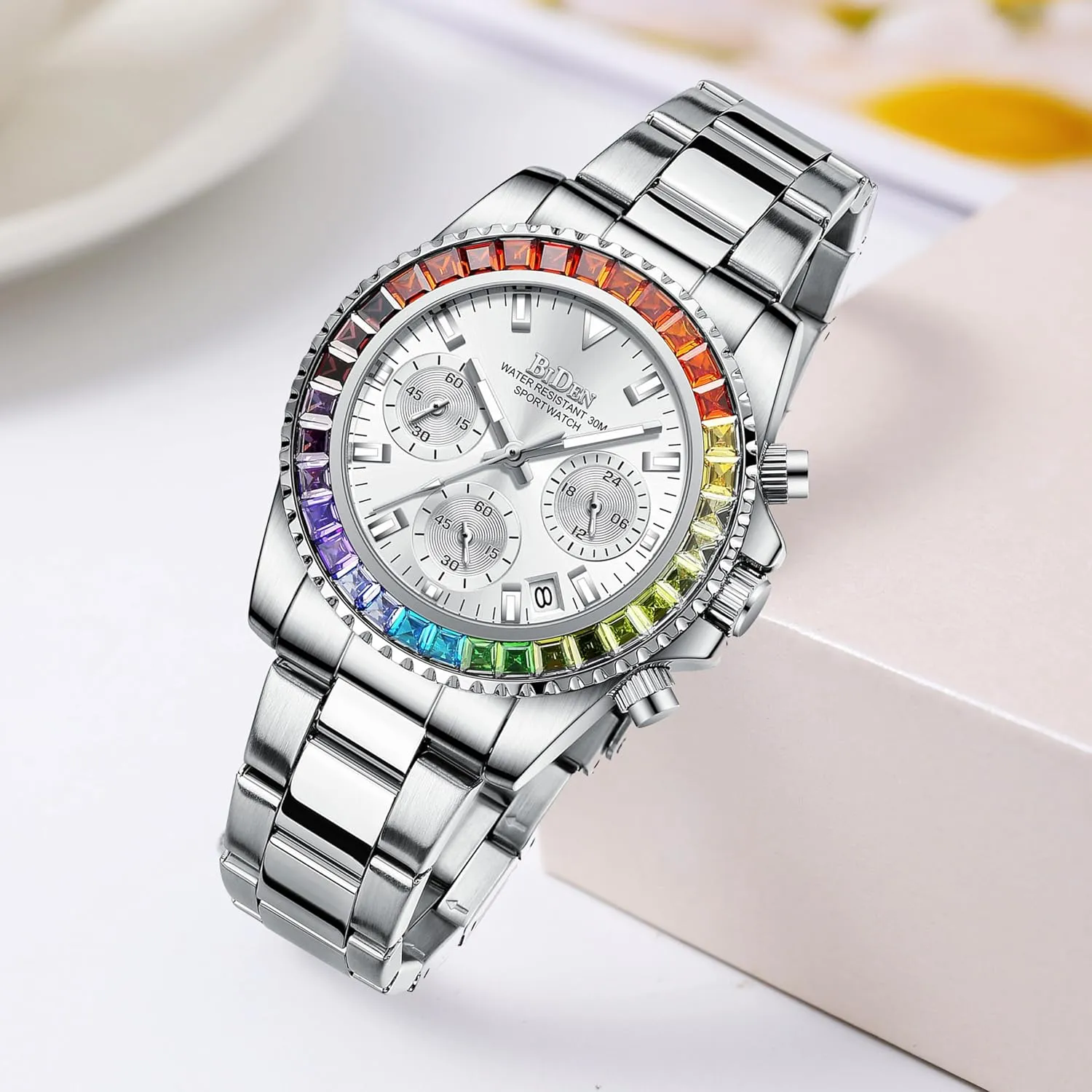 FANMIS Women Colorful Diamond Watches Chronograph Rotatable Bezel Mineral Glass Luminous Watch Stainless Steel Waterproof Date Analog Quartz Watch Fashion Business Dress Wristwatch