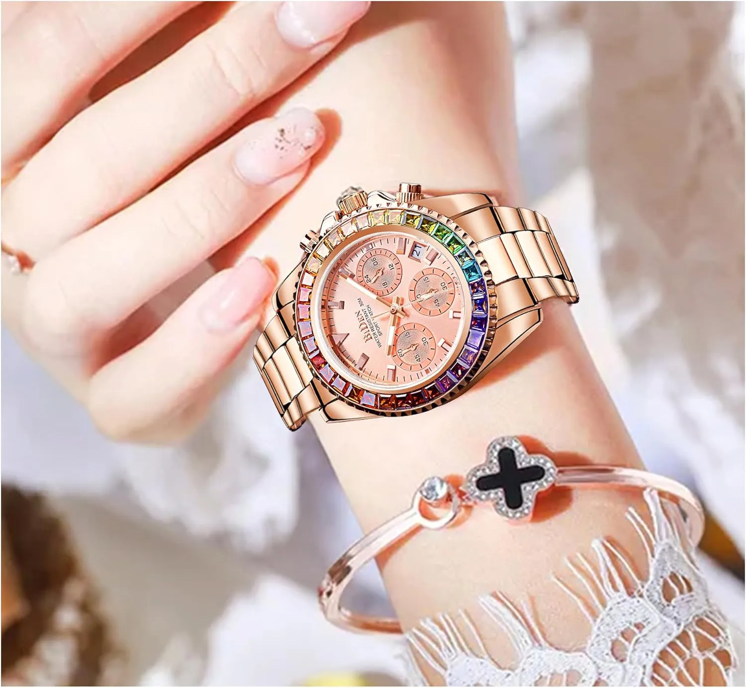 FANMIS Women Colorful Diamond Watches Chronograph Rotatable Bezel Mineral Glass Luminous Watch Stainless Steel Waterproof Date Analog Quartz Watch Fashion Business Dress Wristwatch