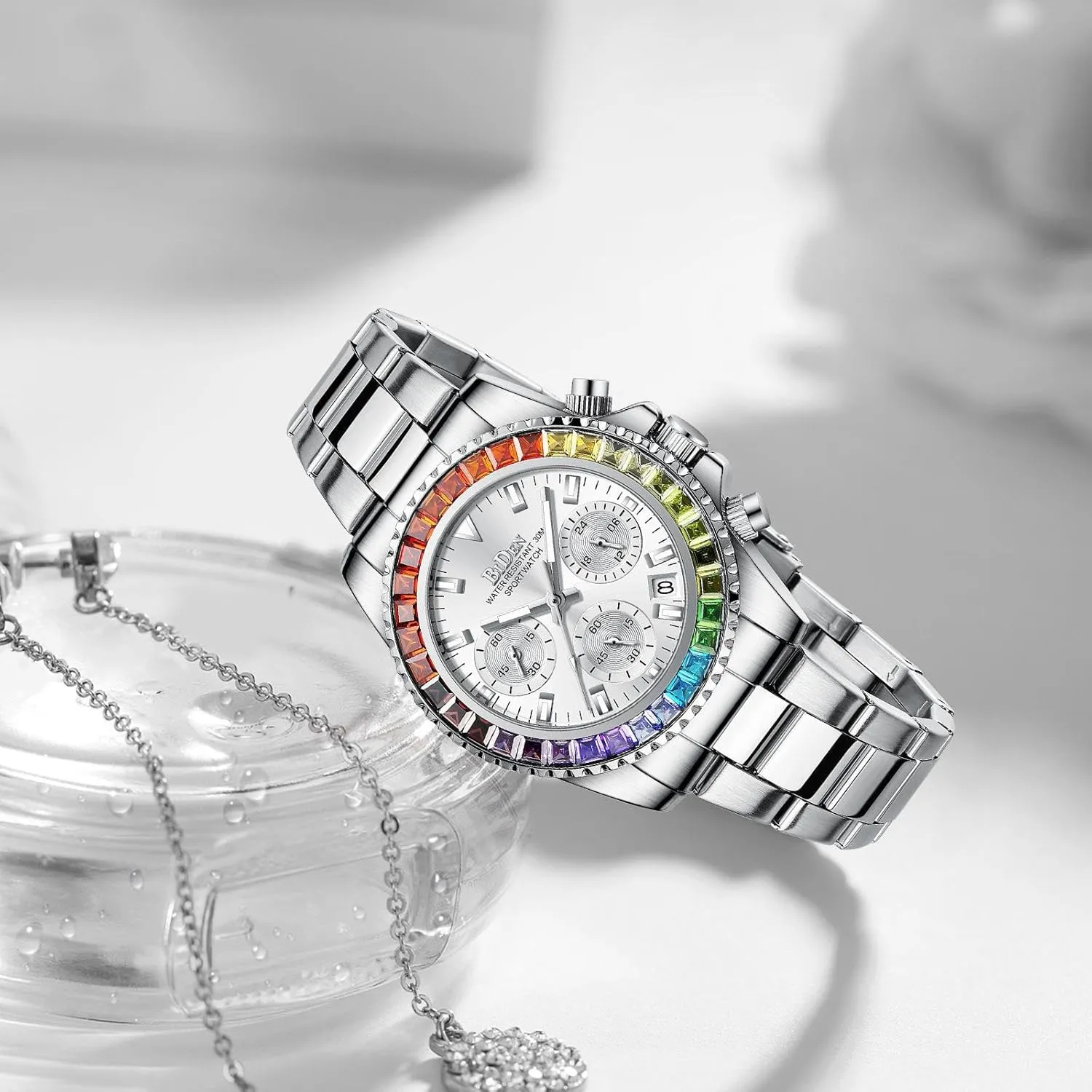 FANMIS Women Colorful Diamond Watches Chronograph Rotatable Bezel Mineral Glass Luminous Watch Stainless Steel Waterproof Date Analog Quartz Watch Fashion Business Dress Wristwatch