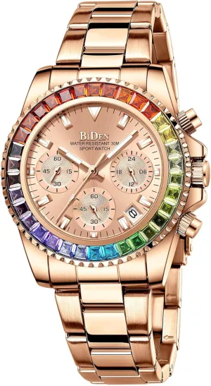 FANMIS Women Colorful Diamond Watches Chronograph Rotatable Bezel Mineral Glass Luminous Watch Stainless Steel Waterproof Date Analog Quartz Watch Fashion Business Dress Wristwatch